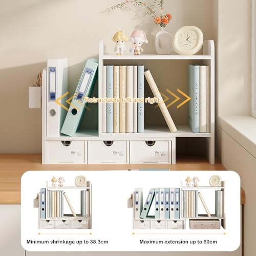 Erweiterbares Desktop-Bücherregal mit 3 Schubladen, Ausstellungsregal