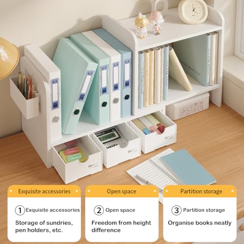Erweiterbares Desktop-Bücherregal mit 3 Schubladen, Ausstellungsregal
