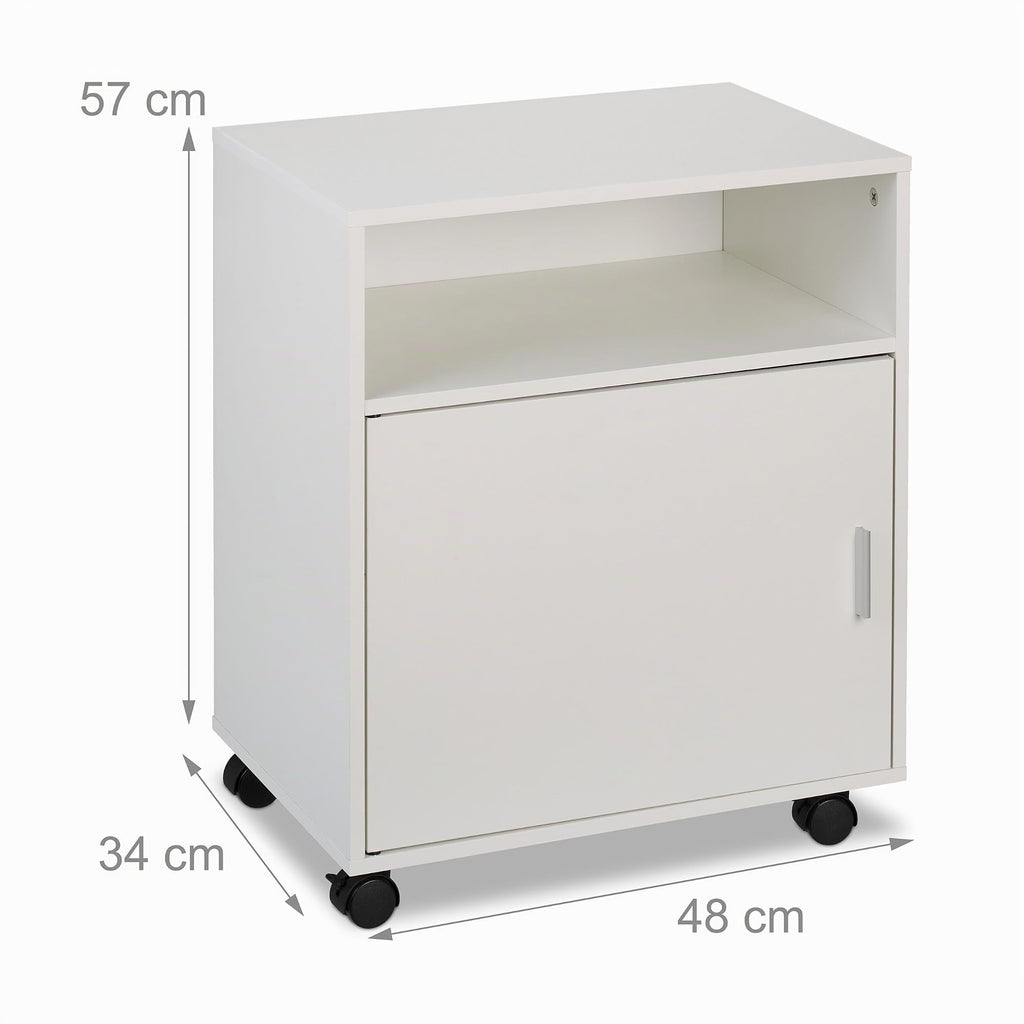 Relaxdays Rollcontainer mit 3 Fächern & Tür, Büro Beistellcontainer, mit Rollen, Büroschrank, HBT: 57x48x34 cm, weiß