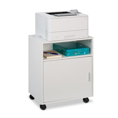 Relaxdays Rollcontainer mit 3 Fächern & Tür, Büro Beistellcontainer, mit Rollen, Büroschrank, HBT: 57x48x34 cm, weiß