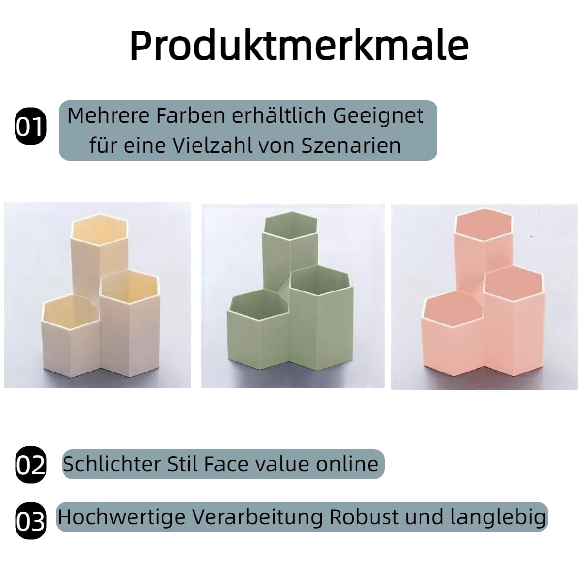 Sechseck Stiftehalter - Minimalistisch (Rosa/Grün/Weiß) in 55/83/118mm - ABS Stiftebox für Schreibtisch, Stifte, Brillen - Rutschfester Boden, Gratfrei (Grün)