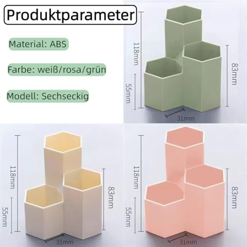 Sechseck Stiftehalter - Minimalistisch (Rosa/Grün/Weiß) in 55/83/118mm - ABS Stiftebox für Schreibtisch, Stifte, Brillen - Rutschfester Boden, Gratfrei (Grün)