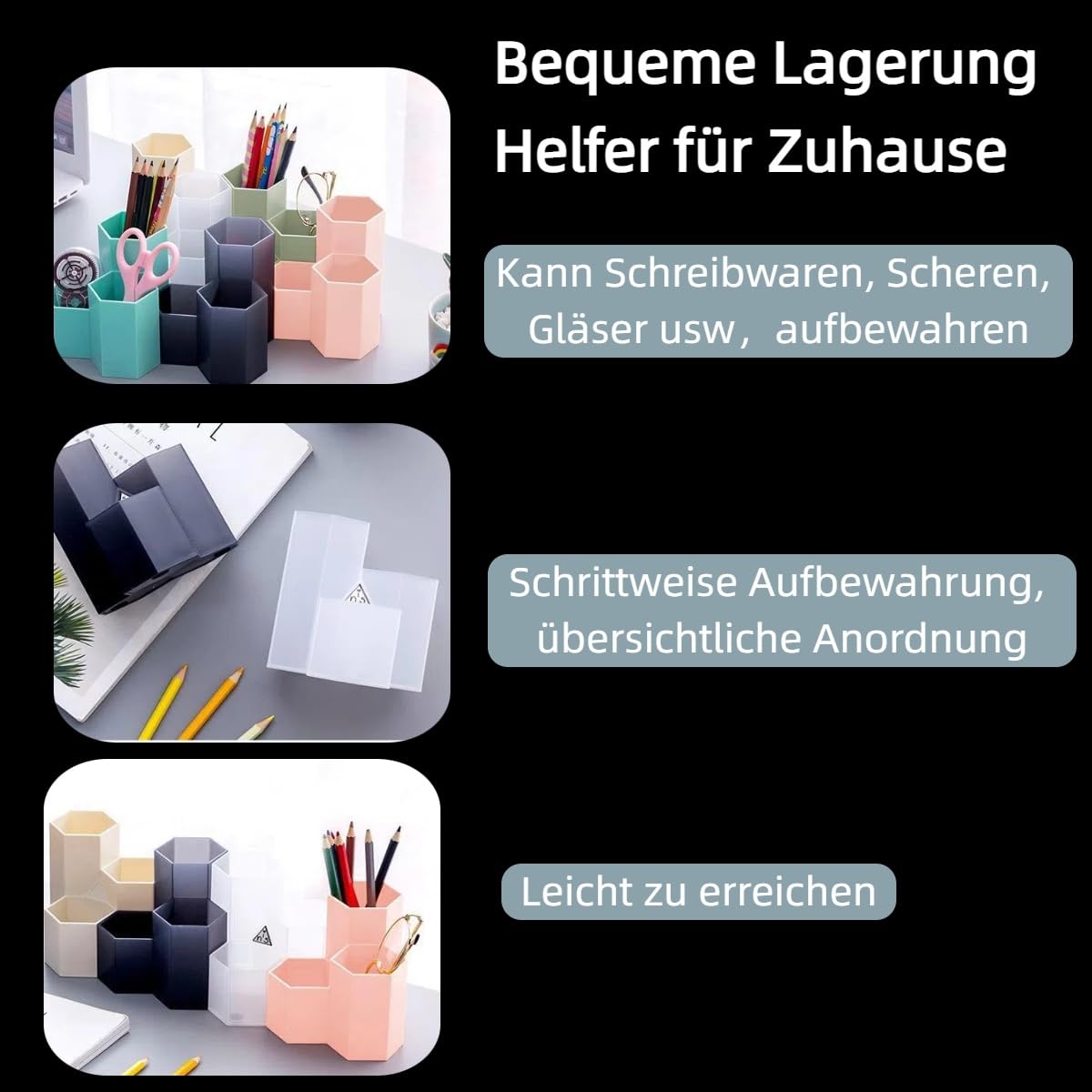 Sechseck Stiftehalter - Minimalistisch (Rosa/Grün/Weiß) in 55/83/118mm - ABS Stiftebox für Schreibtisch, Stifte, Brillen - Rutschfester Boden, Gratfrei (Grün)
