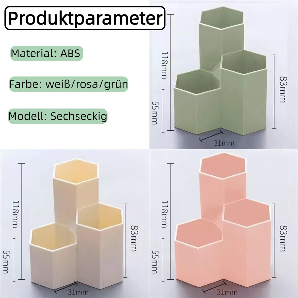 Sechseck Stiftehalter - Minimalistisch (Rosa/Grün/Weiß) in 55/83/118mm - ABS Stiftebox für Schreibtisch, Stifte, Brillen - Rutschfester Boden, Gratfrei (Grün)