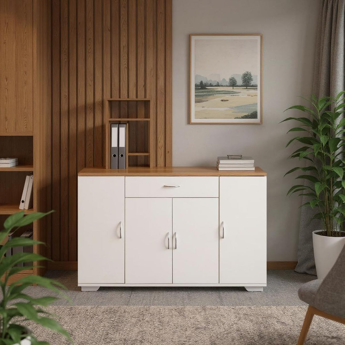 FurnitureR Weißer Aktenschrank, moderner Stil, MDF Material, kompakt und funktional, mit DREI Türen und Einer Schublade