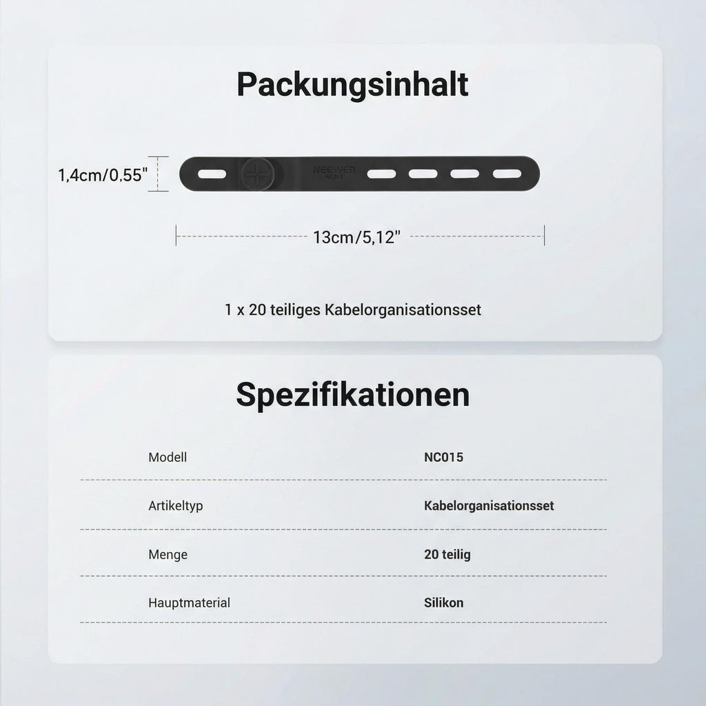 NEEWER 20 Stück Kabelbinder aus Silikon, verstellbare wiederverwendbare Kabelorganizer für Schreibtisch, Datenkabelhalter Management Gurt Zubehör mit Schnallen für Strom Audio Lade Elektrokabel, NC015