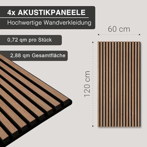 4er Set Akustikpaneele Holz 120x60 cm – extra dick 2,1 cm I Holzpaneele mit Echtholz-Furnier für akustische Schallabsorption & optimale Raumakustik I Wandpaneele Holz in Eiche Royal