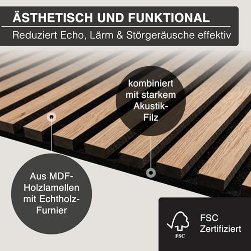 4er Set Akustikpaneele Holz 120x60 cm – extra dick 2,1 cm I Holzpaneele mit Echtholz-Furnier für akustische Schallabsorption & optimale Raumakustik I Wandpaneele Holz in Eiche Royal
