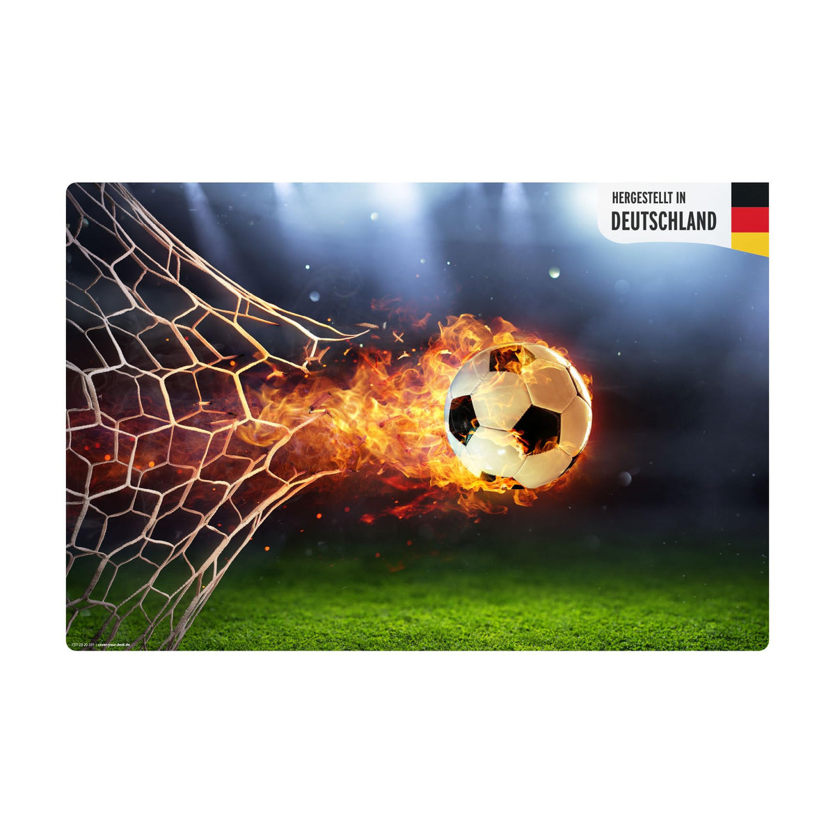 Schreibtischunterlage für Kinder – Flammender Fußball mit Feuerschweif – 60 x 40 cm – aus abwischbarem Premium-Vinyl - Made in Germany