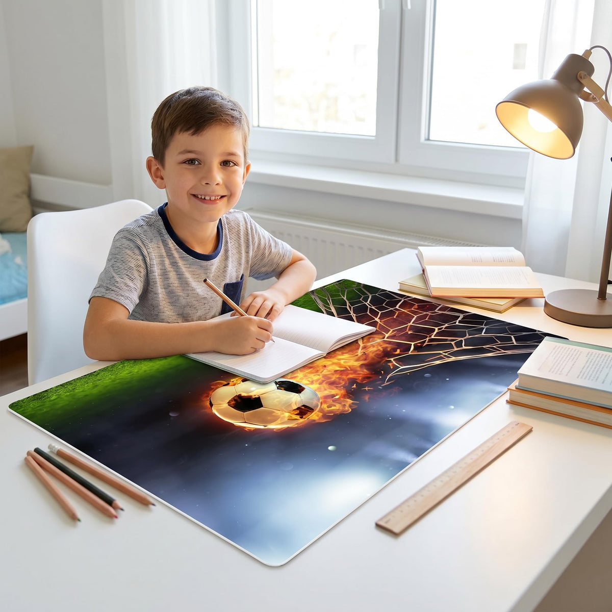 Schreibtischunterlage für Kinder – Flammender Fußball mit Feuerschweif – 60 x 40 cm – aus abwischbarem Premium-Vinyl - Made in Germany