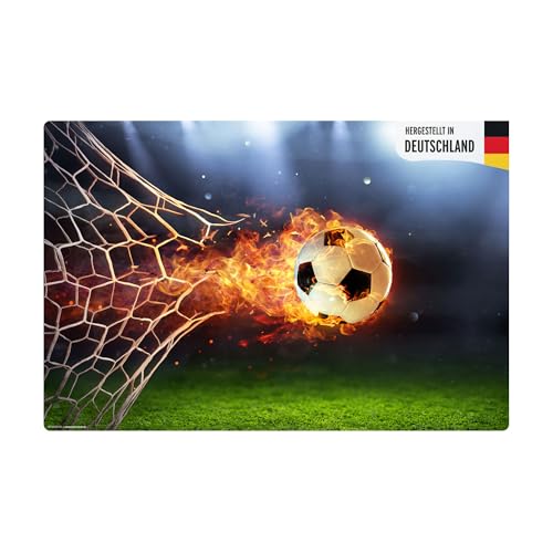 Schreibtischunterlage für Kinder – Flammender Fußball mit Feuerschweif – 60 x 40 cm – aus abwischbarem Premium-Vinyl - Made in Germany