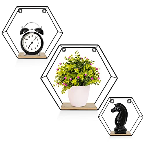 3er Hexagon Wandregal Set, Schwarze Metall Schweberegale Mit Holzablage, Modernes Wabenregal Für Wohnzimmer, Schlafzimmer, Küche & Büro, Stabiles Stahlrahmen Regale Mit Schrauben & Montagezubehör