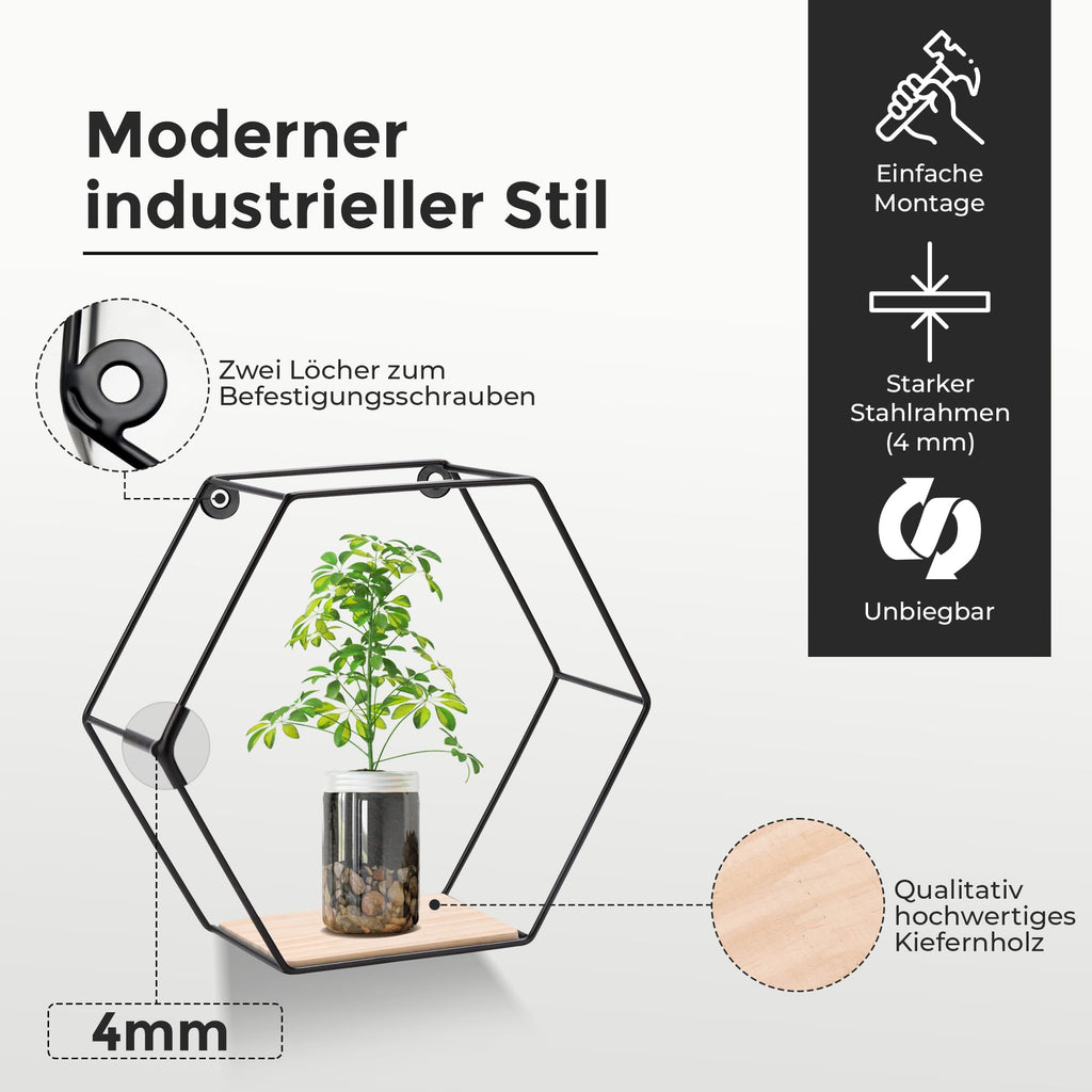 3er Hexagon Wandregal Set, Schwarze Metall Schweberegale Mit Holzablage, Modernes Wabenregal Für Wohnzimmer, Schlafzimmer, Küche & Büro, Stabiles Stahlrahmen Regale Mit Schrauben & Montagezubehör