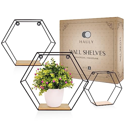 3er Hexagon Wandregal Set, Schwarze Metall Schweberegale Mit Holzablage, Modernes Wabenregal Für Wohnzimmer, Schlafzimmer, Küche & Büro, Stabiles Stahlrahmen Regale Mit Schrauben & Montagezubehör