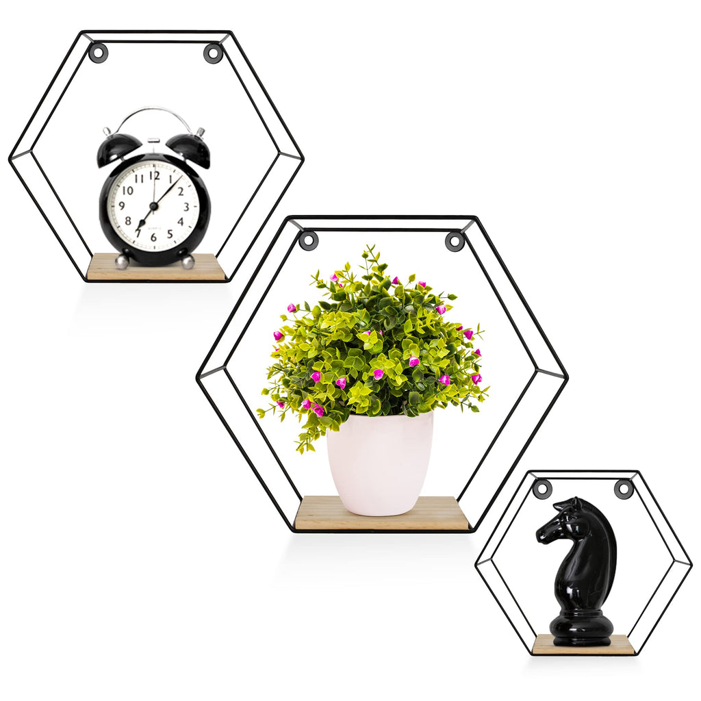 3er Hexagon Wandregal Set, Schwarze Metall Schweberegale Mit Holzablage, Modernes Wabenregal Für Wohnzimmer, Schlafzimmer, Küche & Büro, Stabiles Stahlrahmen Regale Mit Schrauben & Montagezubehör