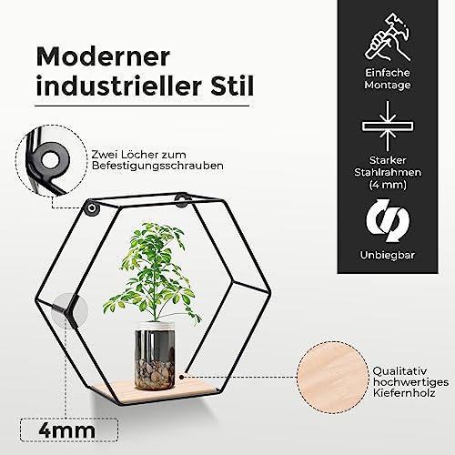 3er Hexagon Wandregal Set, Schwarze Metall Schweberegale Mit Holzablage, Modernes Wabenregal Für Wohnzimmer, Schlafzimmer, Küche & Büro, Stabiles Stahlrahmen Regale Mit Schrauben & Montagezubehör