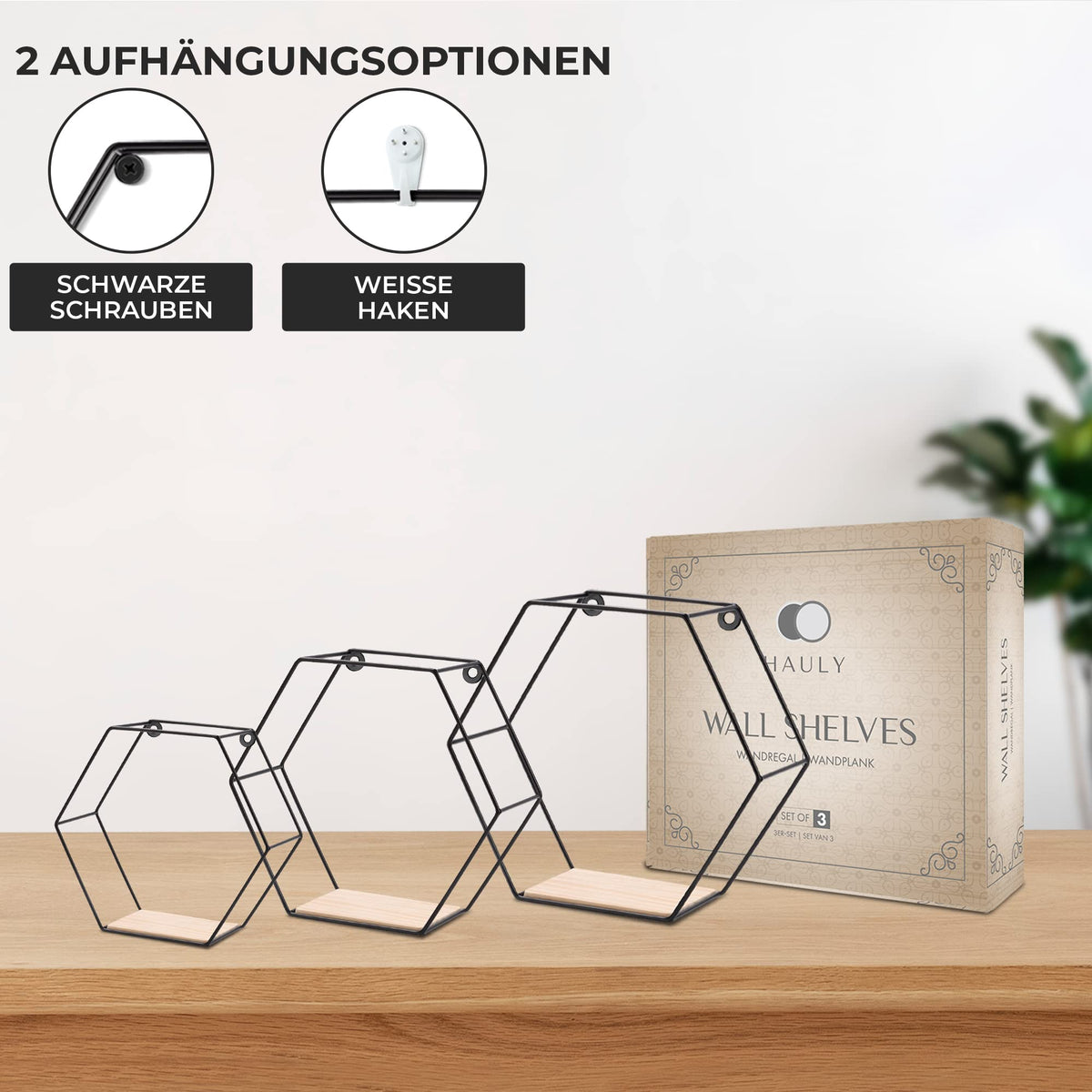 3er Hexagon Wandregal Set, Schwarze Metall Schweberegale Mit Holzablage, Modernes Wabenregal Für Wohnzimmer, Schlafzimmer, Küche & Büro, Stabiles Stahlrahmen Regale Mit Schrauben & Montagezubehör