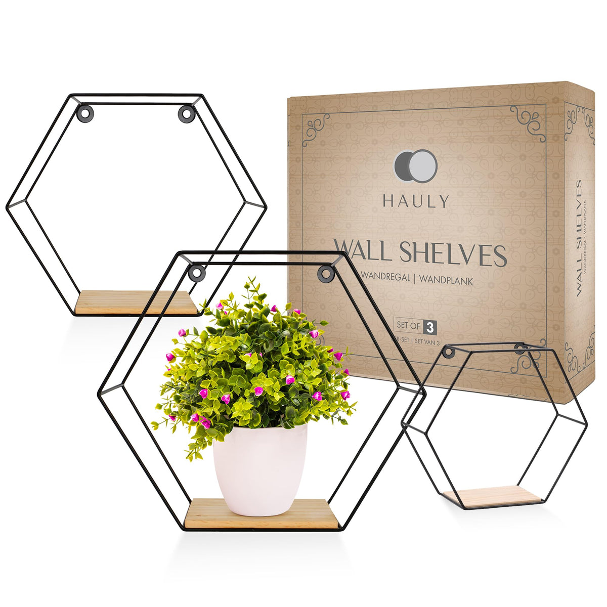 3er Hexagon Wandregal Set, Schwarze Metall Schweberegale Mit Holzablage, Modernes Wabenregal Für Wohnzimmer, Schlafzimmer, Küche & Büro, Stabiles Stahlrahmen Regale Mit Schrauben & Montagezubehör