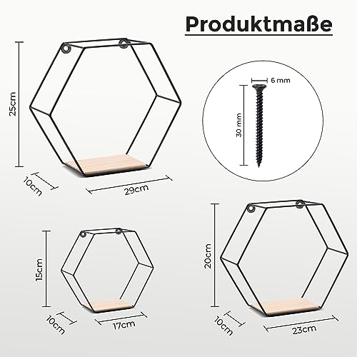 3er Hexagon Wandregal Set, Schwarze Metall Schweberegale Mit Holzablage, Modernes Wabenregal Für Wohnzimmer, Schlafzimmer, Küche & Büro, Stabiles Stahlrahmen Regale Mit Schrauben & Montagezubehör
