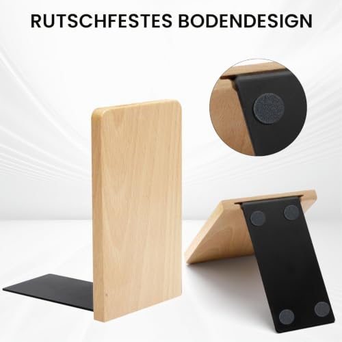 HENGBIRD 2 Stück Buchstütze Holz Bücherstütze mit 1 Lesezeichen, Buchenholz BüCherstützen für Buchhalter, Buchstützen Holz für Bücher CD Schallplatten, Schwere Bookends für Zuhause Büro Bücherei