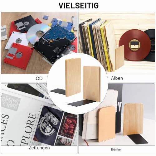 HENGBIRD 2 Stück Buchstütze Holz Bücherstütze mit 1 Lesezeichen, Buchenholz BüCherstützen für Buchhalter, Buchstützen Holz für Bücher CD Schallplatten, Schwere Bookends für Zuhause Büro Bücherei