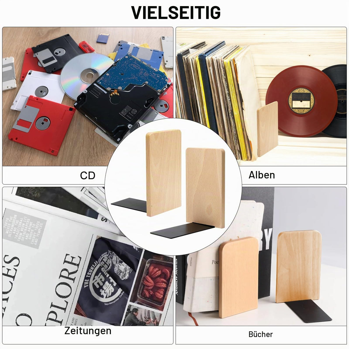 HENGBIRD 2 Stück Buchstütze Holz Bücherstütze mit 1 Lesezeichen, Buchenholz BüCherstützen für Buchhalter, Buchstützen Holz für Bücher CD Schallplatten, Schwere Bookends für Zuhause Büro Bücherei