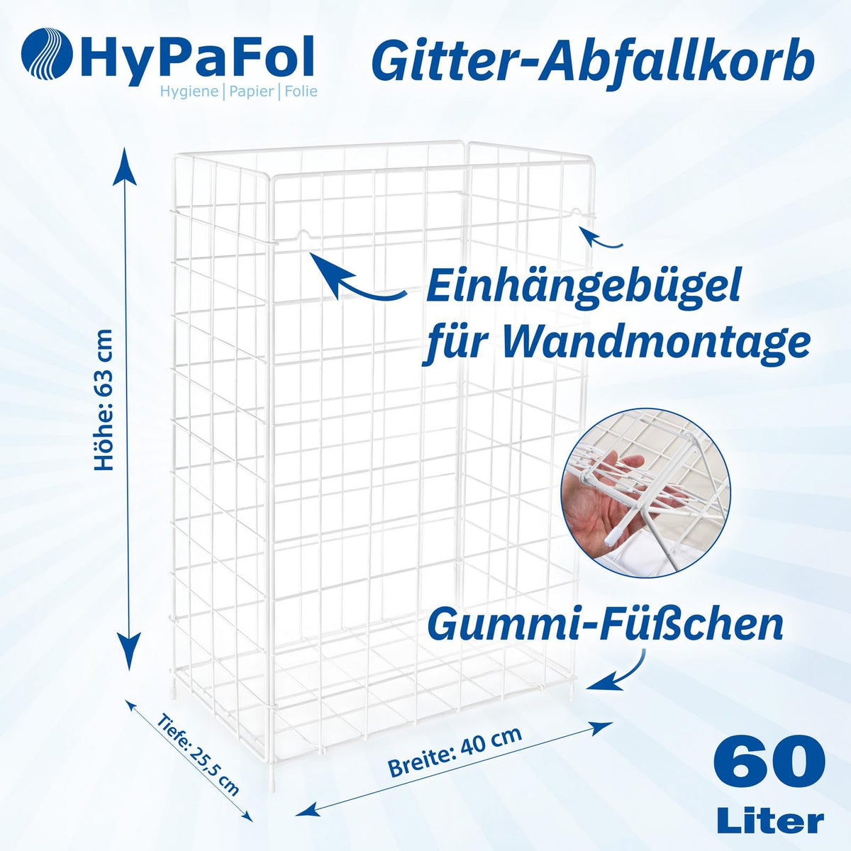 Hypafol Abfallkorb 60 L | Weiß, Metall beschichtet | zusammenlegbar, stabil