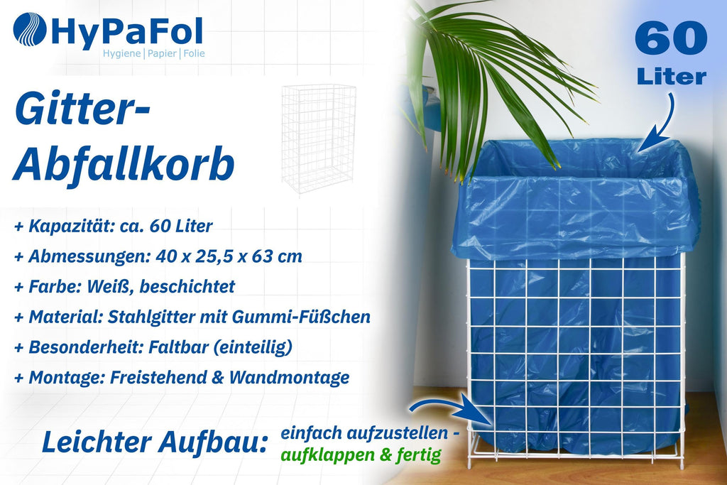 Hypafol Abfallkorb 60 L | Weiß, Metall beschichtet | zusammenlegbar, stabil