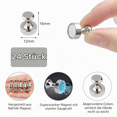 Starke Magnete [24 Stück], Neodym-Magnet, mit Aufbewahrungsbox, leistungsstark für Kühlschrank, Küche, Kühlschrank, Tafel, Whiteboard, Fotokarte