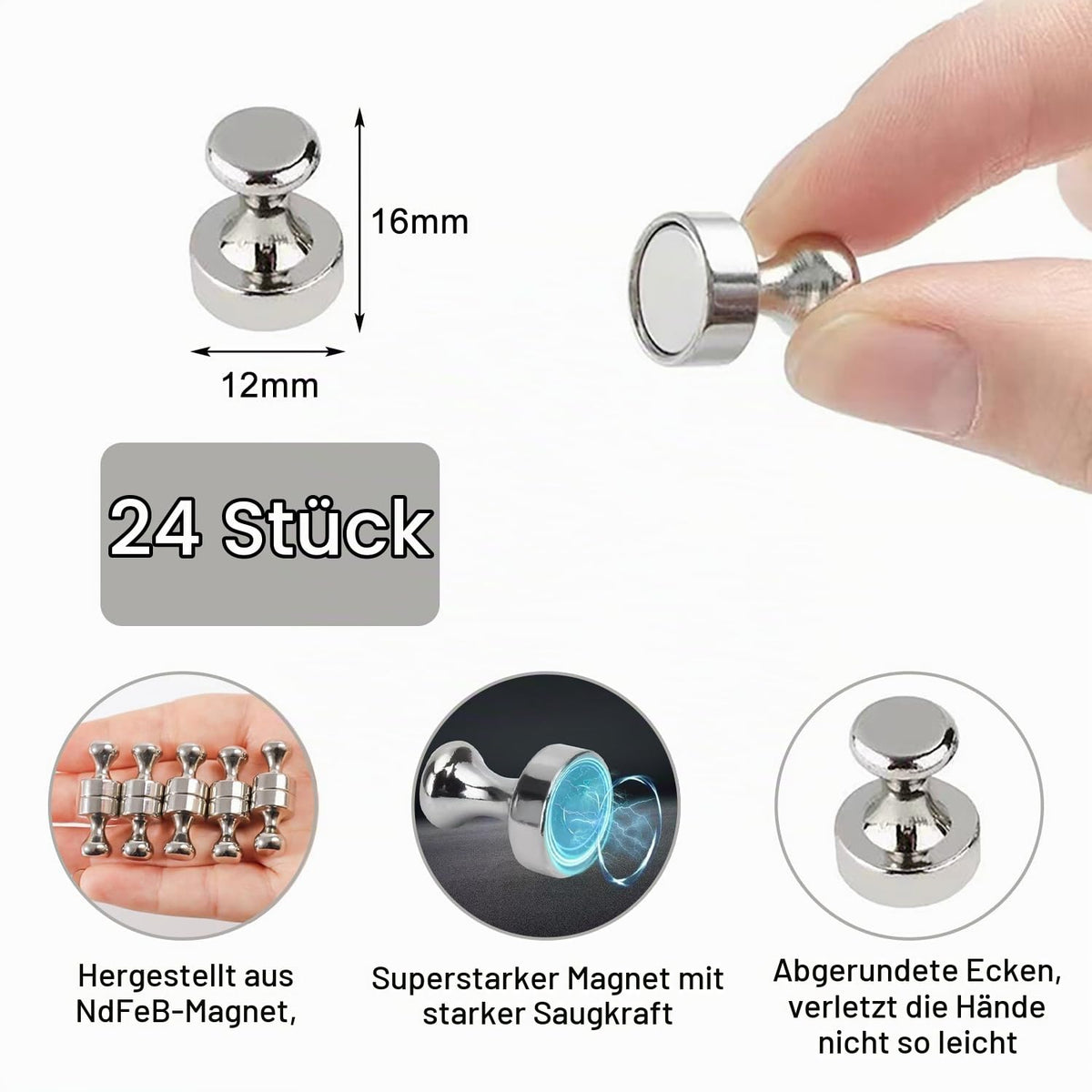 Starke Magnete [24 Stück], Neodym-Magnet, mit Aufbewahrungsbox, leistungsstark für Kühlschrank, Küche, Kühlschrank, Tafel, Whiteboard, Fotokarte