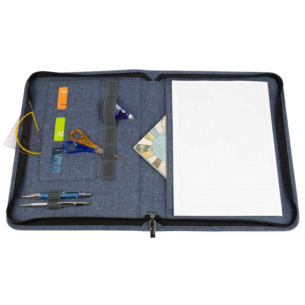WEDO Schreibmappe A4 Denim mit Reißverschluss, Farbe Blau, 3 Kartensteckplätze, Steckplätze mit elastischem Gummiband für Stifte, großes Blätterfach hinter der Schreibfläche, kleines Linealfach