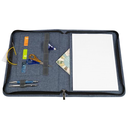 WEDO Schreibmappe A4 Denim mit Reißverschluss, Farbe Blau, 3 Kartensteckplätze, Steckplätze mit elastischem Gummiband für Stifte, großes Blätterfach hinter der Schreibfläche, kleines Linealfach