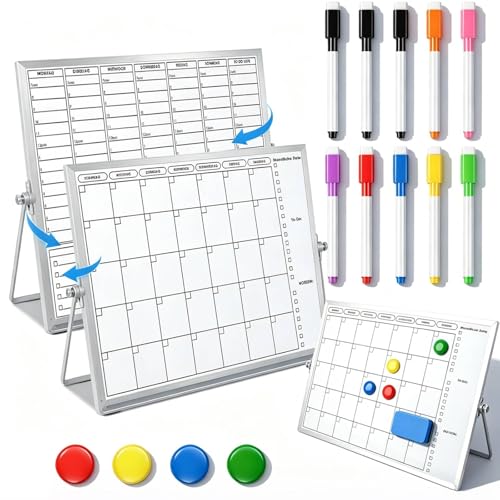 Magnetisch Whiteboard Klein,Doppelseitige Wochenplaner/Monatsplaner,30x40cm Magnetische Desktop Schreibtafel mit 10 Stiften, 4 Magnet,Schwamm, für Planung,To Do Liste,Schule,Zuhause, Büro,Schulsachen
