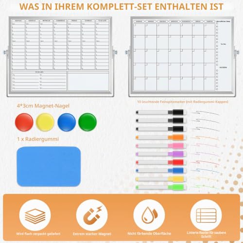 Magnetisch Whiteboard Klein,Doppelseitige Wochenplaner/Monatsplaner,30x40cm Magnetische Desktop Schreibtafel mit 10 Stiften, 4 Magnet,Schwamm, für Planung,To Do Liste,Schule,Zuhause, Büro,Schulsachen