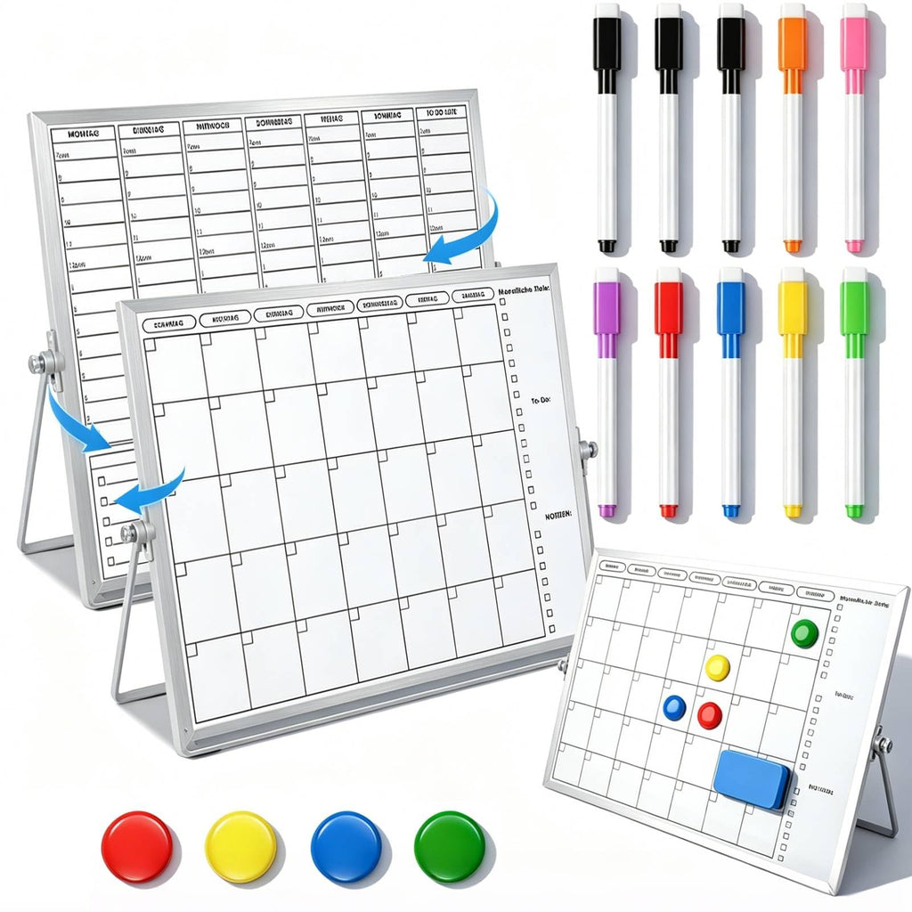 Magnetisch Whiteboard Klein,Doppelseitige Wochenplaner/Monatsplaner,30x40cm Magnetische Desktop Schreibtafel mit 10 Stiften, 4 Magnet,Schwamm, für Planung,To Do Liste,Schule,Zuhause, Büro,Schulsachen