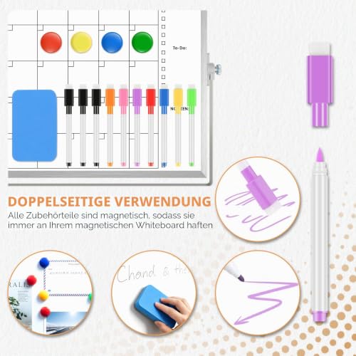 Magnetisch Whiteboard Klein,Doppelseitige Wochenplaner/Monatsplaner,30x40cm Magnetische Desktop Schreibtafel mit 10 Stiften, 4 Magnet,Schwamm, für Planung,To Do Liste,Schule,Zuhause, Büro,Schulsachen