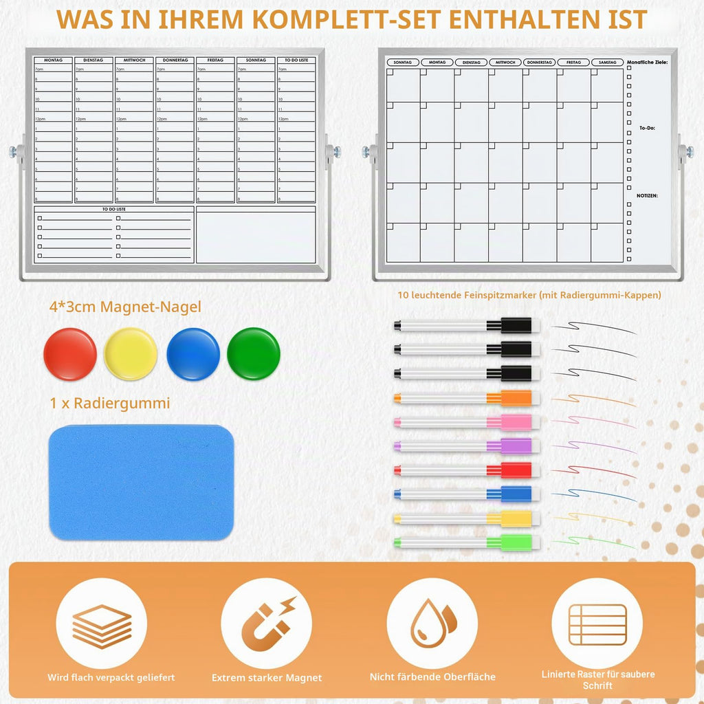 Magnetisch Whiteboard Klein,Doppelseitige Wochenplaner/Monatsplaner,30x40cm Magnetische Desktop Schreibtafel mit 10 Stiften, 4 Magnet,Schwamm, für Planung,To Do Liste,Schule,Zuhause, Büro,Schulsachen