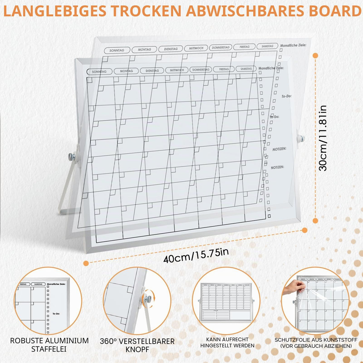 Magnetisch Whiteboard Klein,Doppelseitige Wochenplaner/Monatsplaner,30x40cm Magnetische Desktop Schreibtafel mit 10 Stiften, 4 Magnet,Schwamm, für Planung,To Do Liste,Schule,Zuhause, Büro,Schulsachen