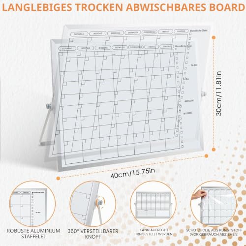 Magnetisch Whiteboard Klein,Doppelseitige Wochenplaner/Monatsplaner,30x40cm Magnetische Desktop Schreibtafel mit 10 Stiften, 4 Magnet,Schwamm, für Planung,To Do Liste,Schule,Zuhause, Büro,Schulsachen