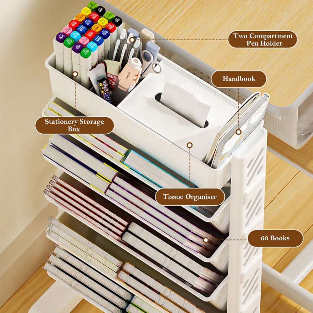 Mobiles Bücherregal mit Rollen, mehrlagiges Schreibtisch-Bücherregal