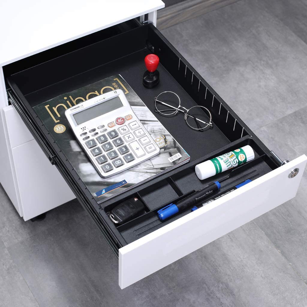 Aktenschränke,Schrankkorpus Vormontiert, Rollcontainer Büro-Rollcontainer mit Anti-umkippen-mechanismus, Bürocontainer mit 3 Schublade für A4, 50cm L x 39cm B x 60cm H, LWB020 (Weiß)