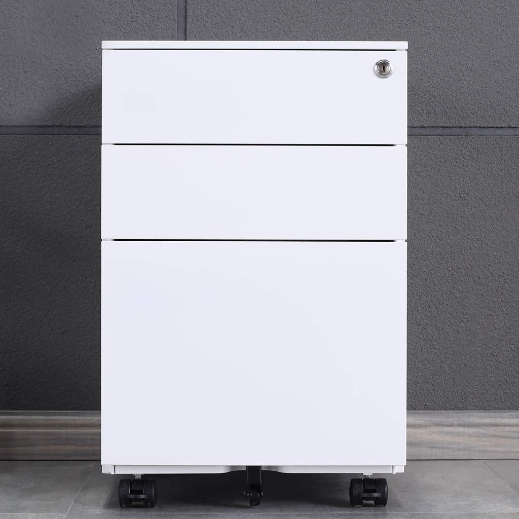 Aktenschränke,Schrankkorpus Vormontiert, Rollcontainer Büro-Rollcontainer mit Anti-umkippen-mechanismus, Bürocontainer mit 3 Schublade für A4, 50cm L x 39cm B x 60cm H, LWB020 (Weiß)