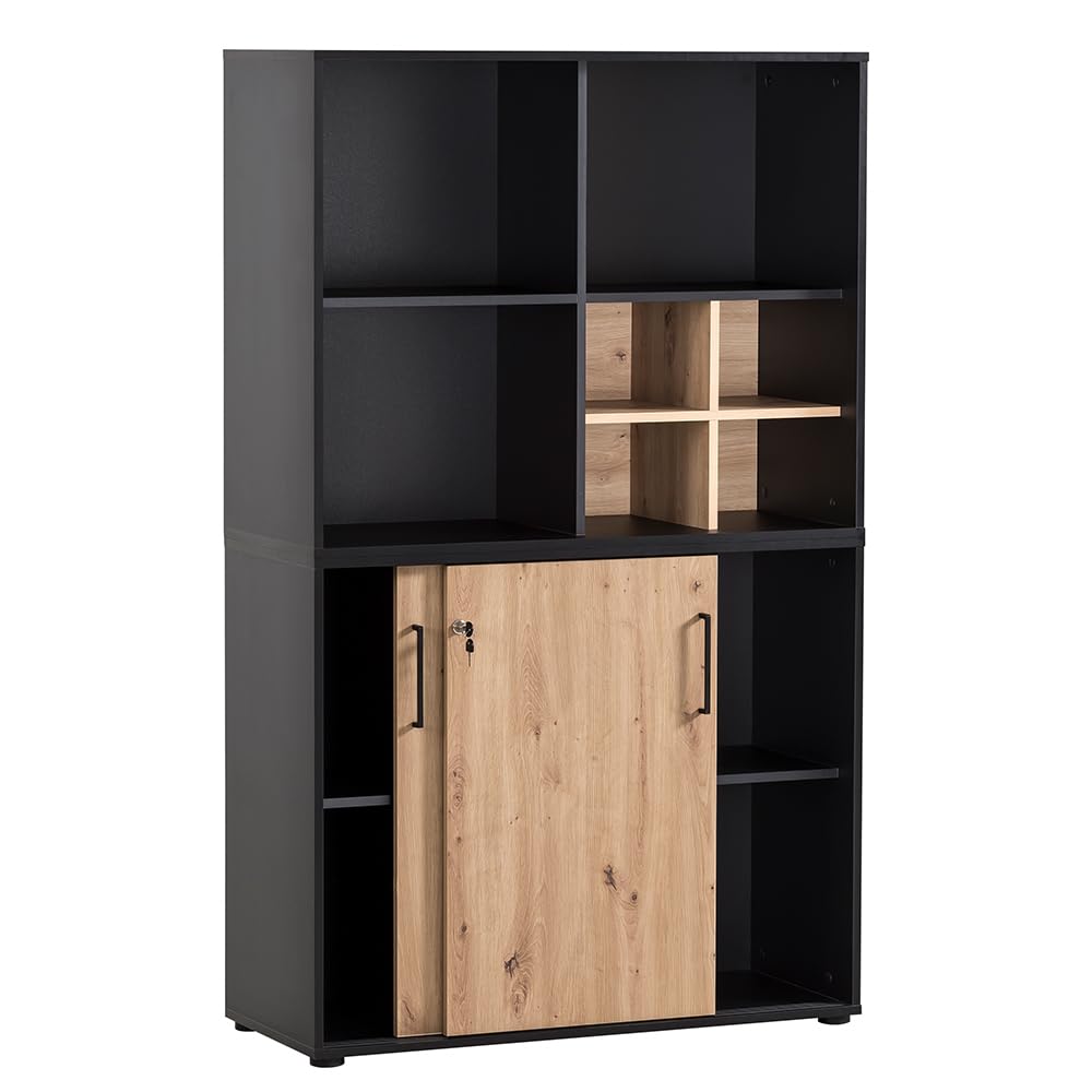 Lomadox Büroschrank Aktenschrank (3-teilig) in schwarz matt mit Eiche
