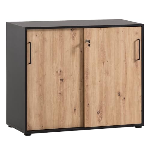 Lomadox Büroschrank Aktenschrank (3-teilig) in schwarz matt mit Eiche