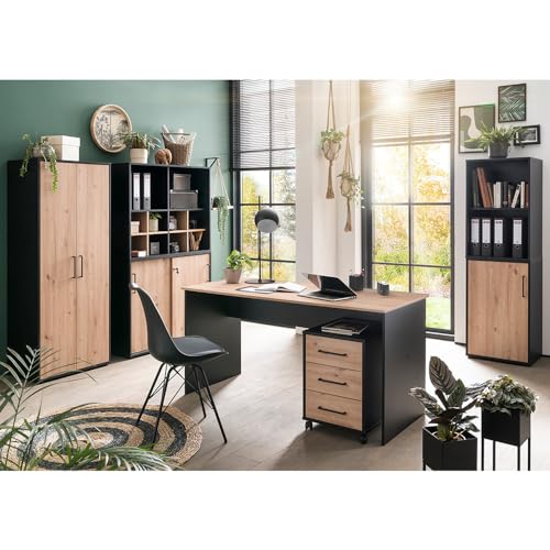 Lomadox Büroschrank Aktenschrank (3-teilig) in schwarz matt mit Eiche