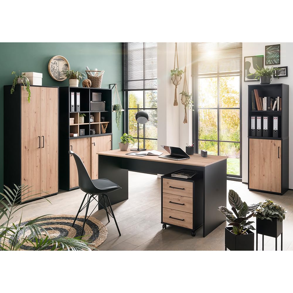 Lomadox Büroschrank Aktenschrank (3-teilig) in schwarz matt mit Eiche