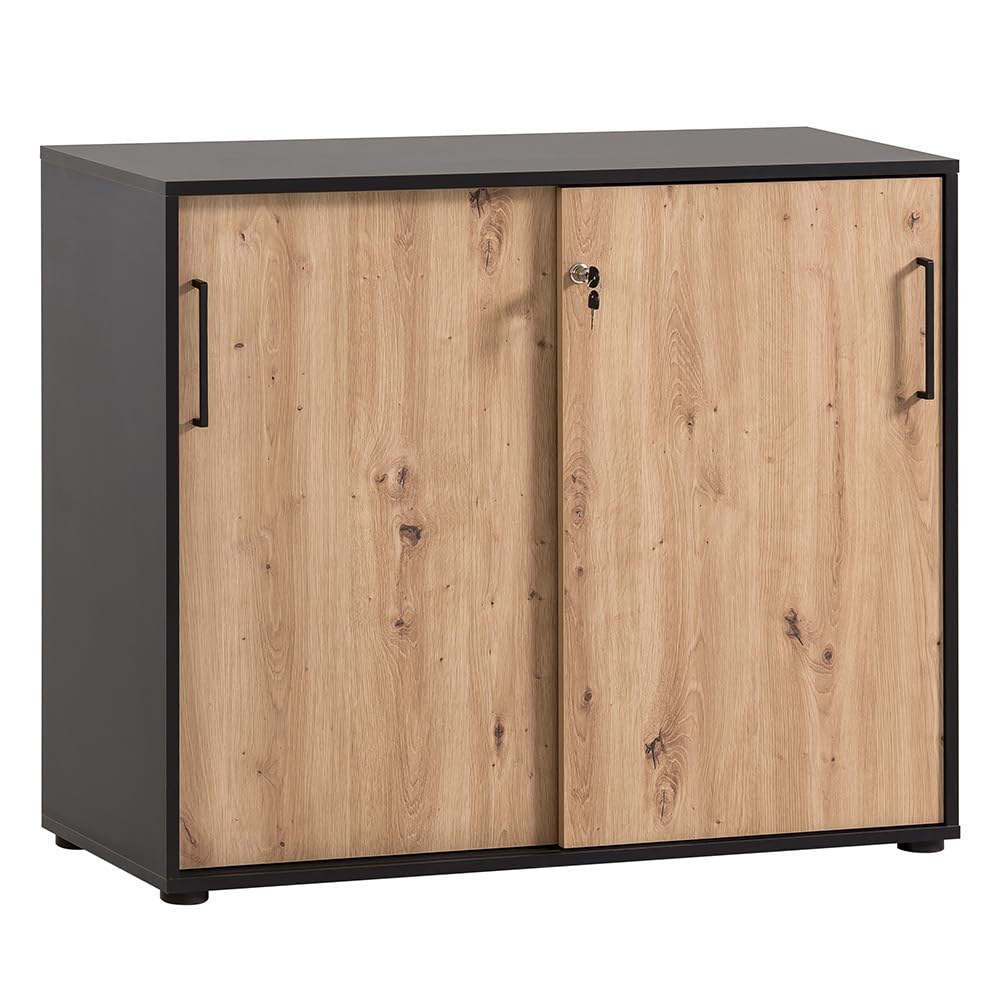 Lomadox Büroschrank Aktenschrank (3-teilig) in schwarz matt mit Eiche
