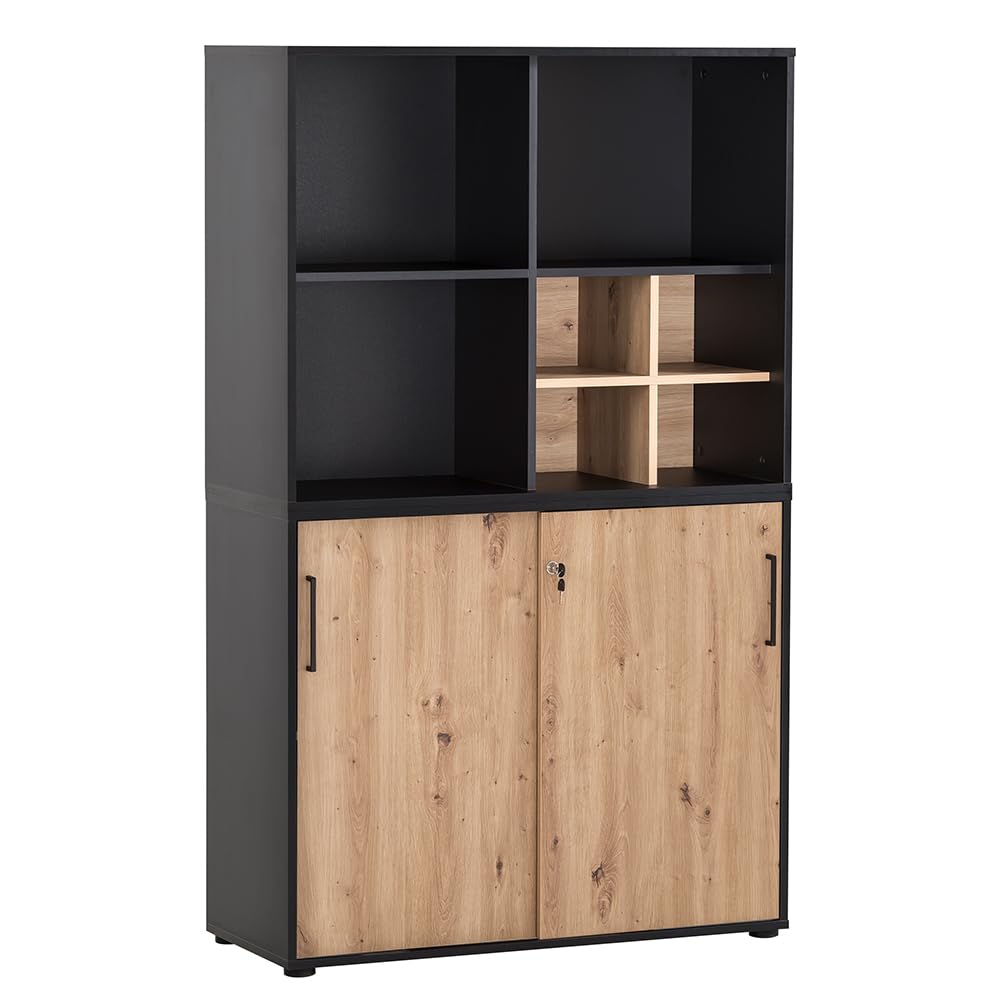 Lomadox Büroschrank Aktenschrank (3-teilig) in schwarz matt mit Eiche