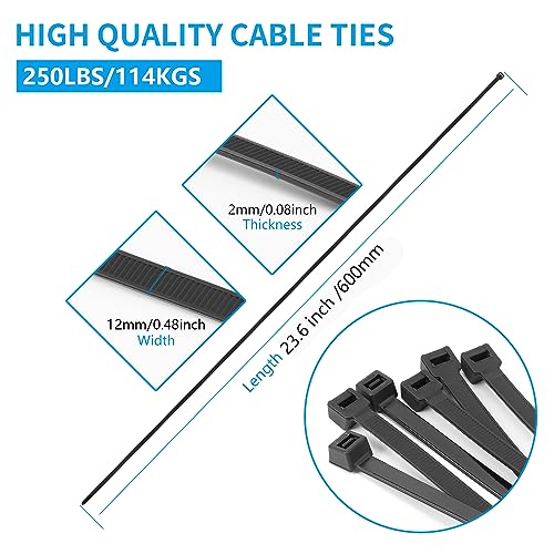 Armpow Kabelbinder, 600 mm x 12 mm, breit, UV-beständig, 114 kg, Zugfestigkeit für HLK-Konstruktion, ultrastark, selbstsichernd, extra lang, 12 mm x 600 mm, 40 Stück, schwarz, 40 Stück