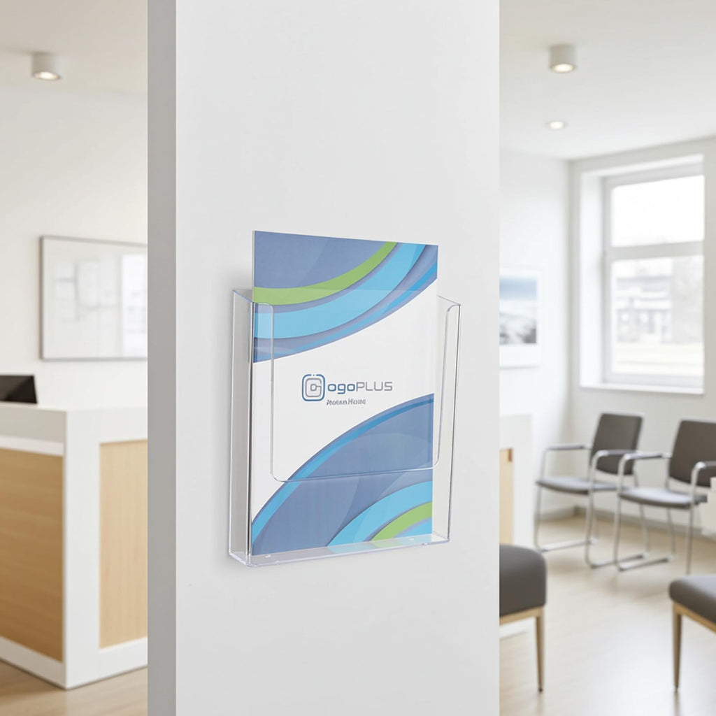 DIN A4 Wandprospekthalter Hochformat / Prospekthalter, Prospektständer, Flyer-Ständer, Flyerhalter, Prospektbox glasklar, Aufsteller, Werbung, Wandmontage